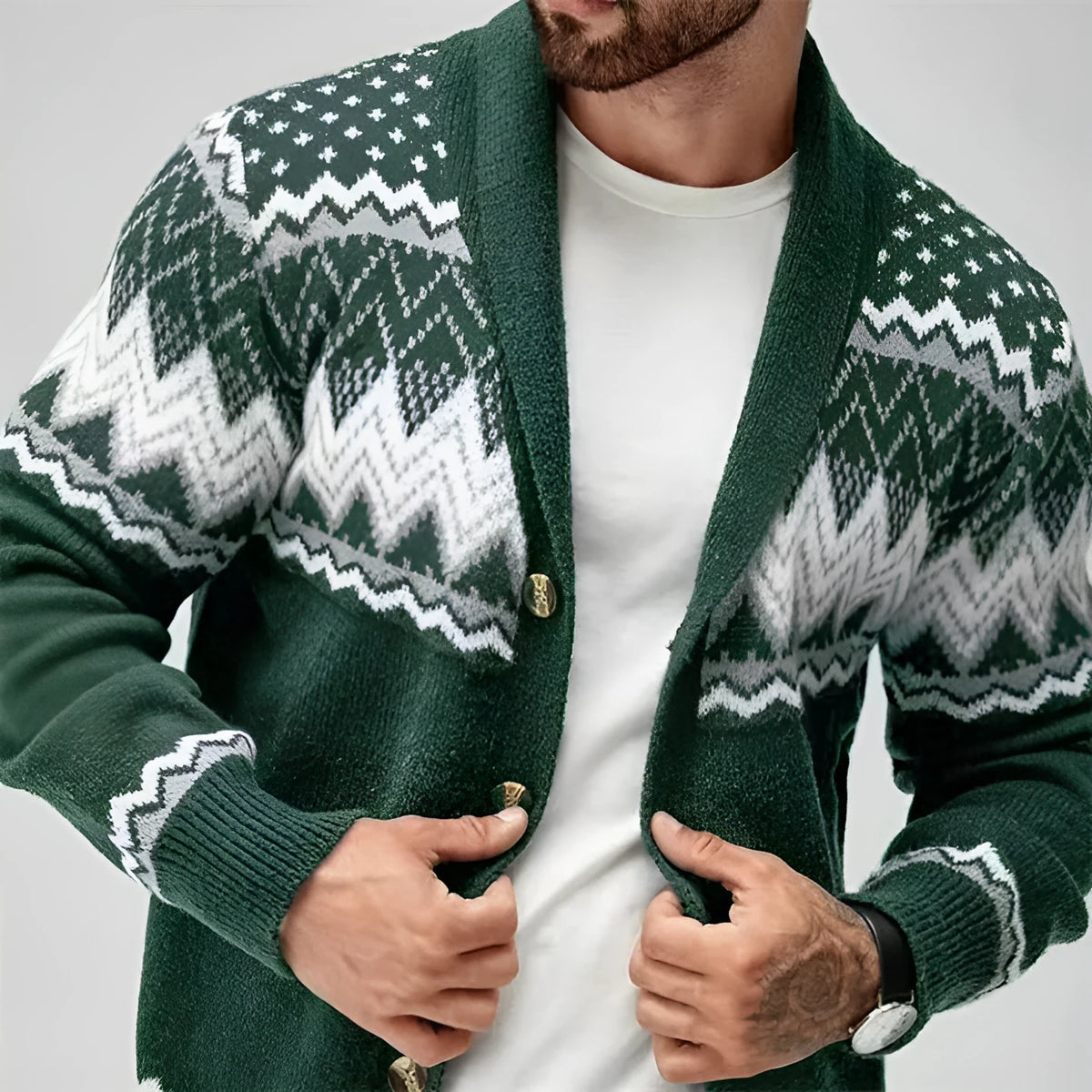 Solid colour long-sleeved knitted cardigan coat sweater in green, chemical fibre blend jacquard, front view