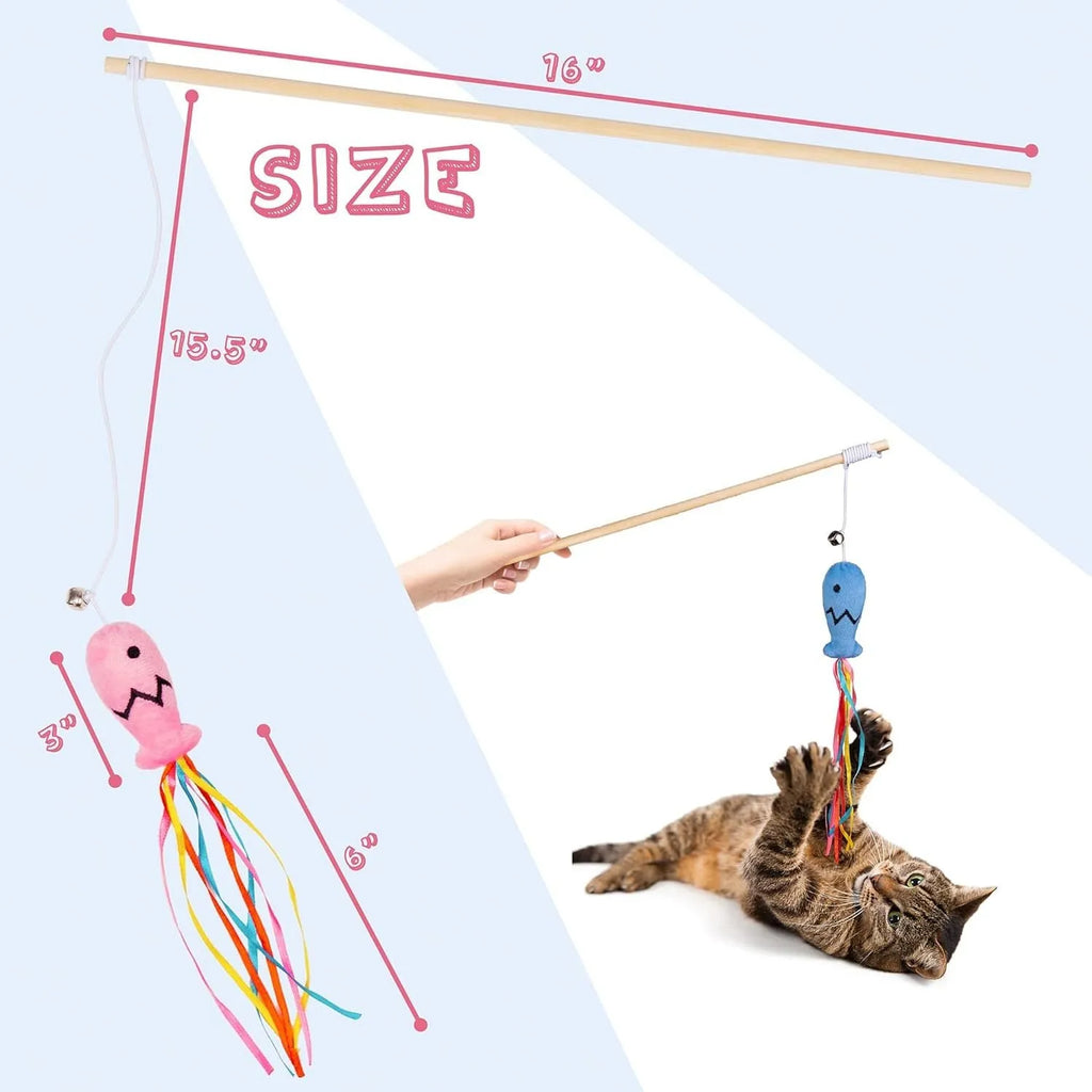 Cat wand toy with wooden handle, catnip fish attachment, colourful ribbons, and bell