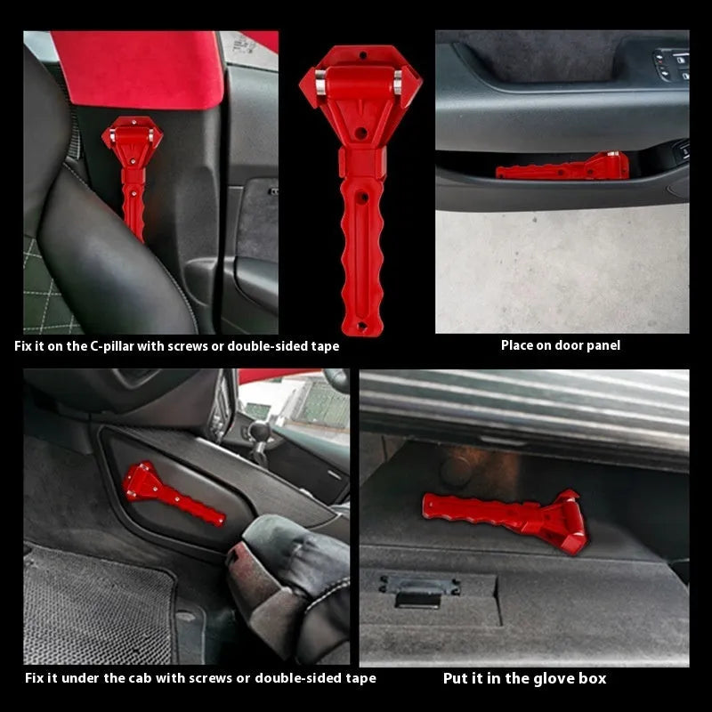 Red emergency window breaking hammer with steel striking tip on white background