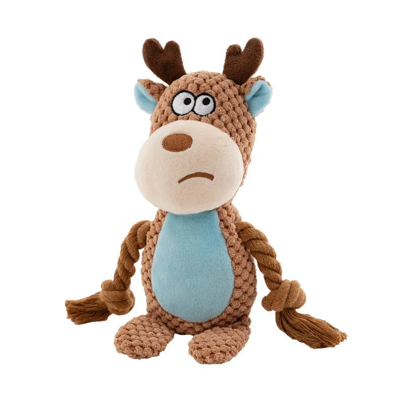 Hippo-shaped plush dog toy with cotton rope sections for tug-of-war games