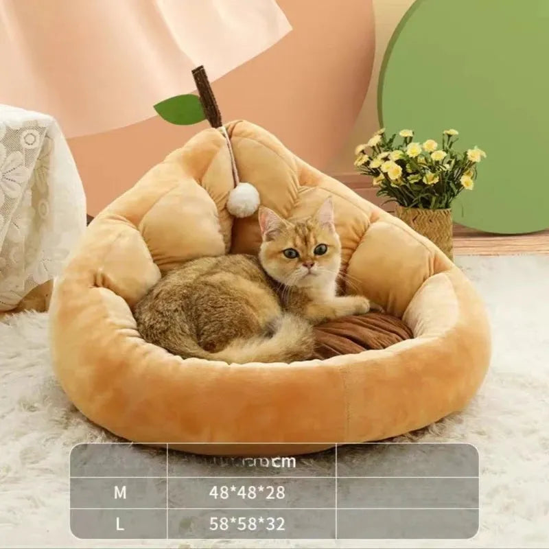 Soft cotton plush cat and dog bed in coffee colour, shown in medium size.