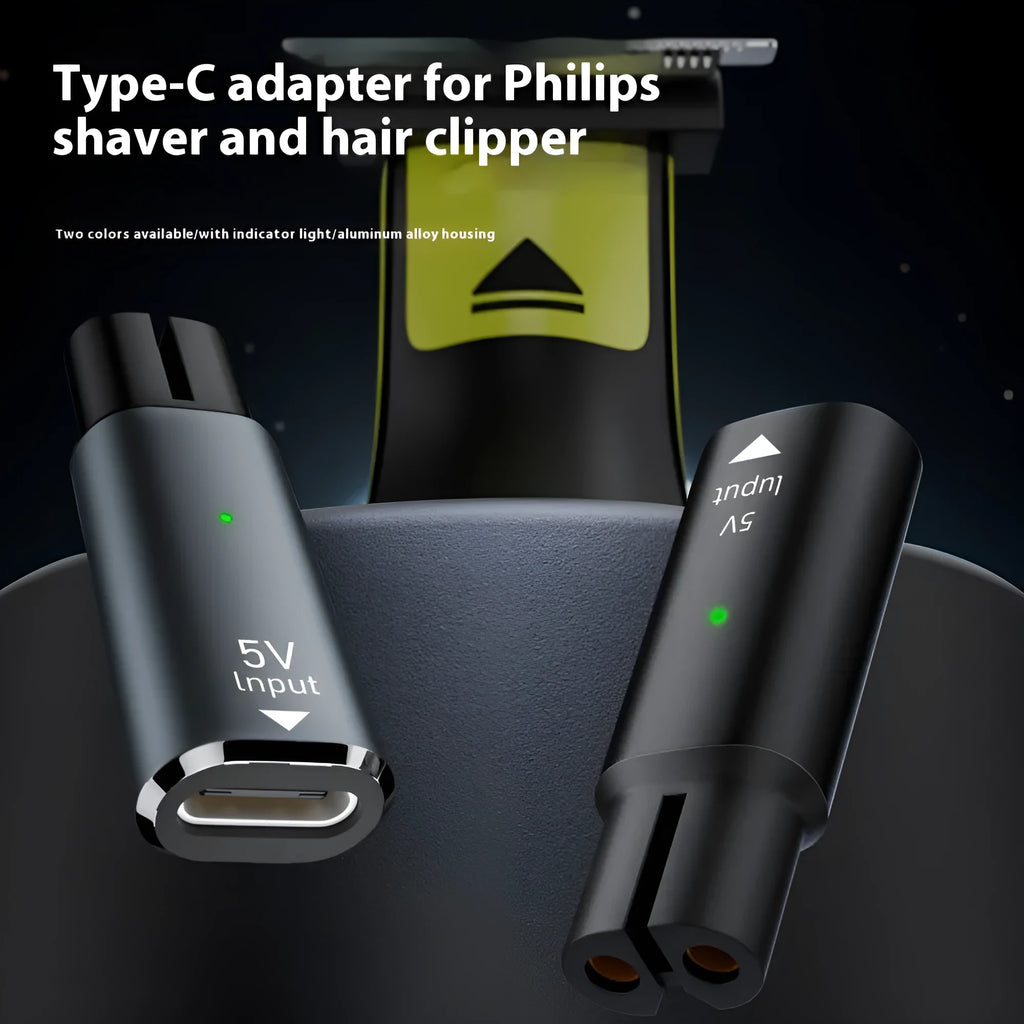 Black USB-C charging adapter for electric shavers with aluminium alloy casing and 4.3V 8W specifications