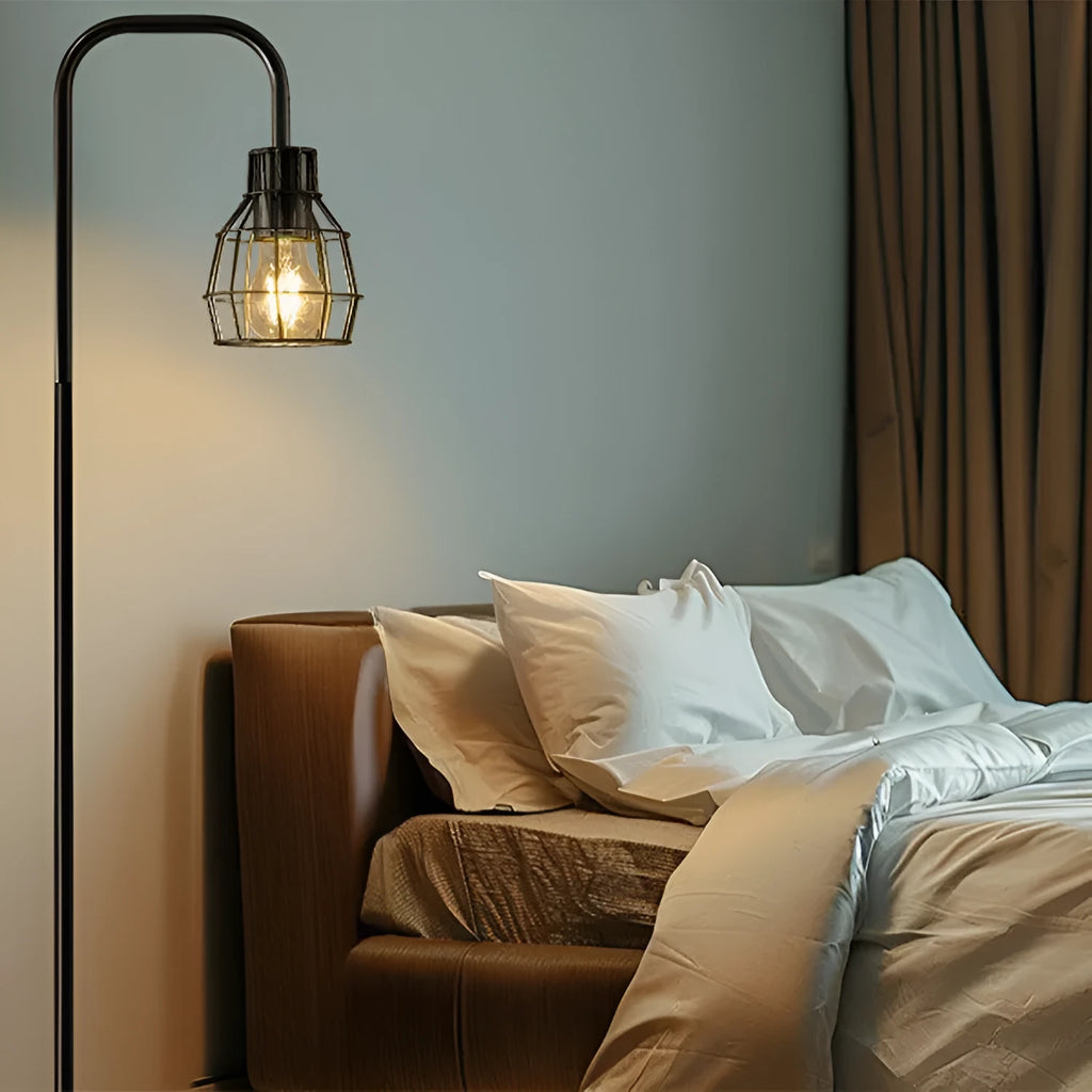 American country retro LED bedside lamp in black with metal shade and USB port on nightstand