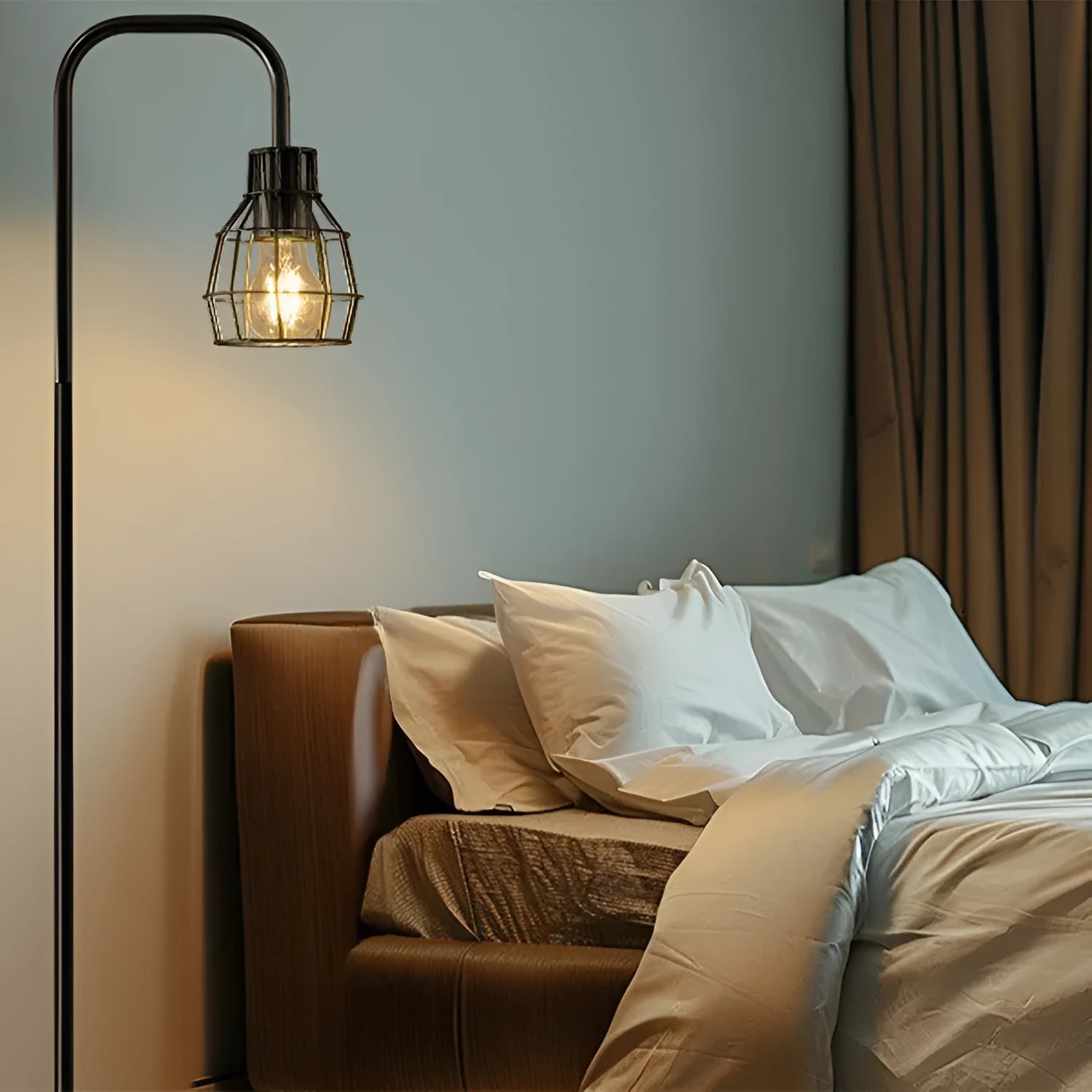 American country retro LED bedside lamp in black with metal shade and USB port on nightstand