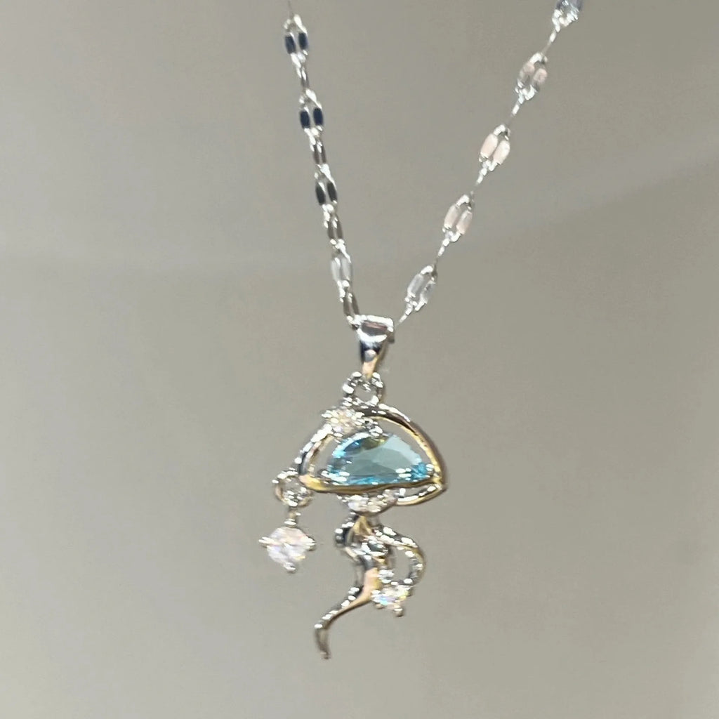 S925 sterling silver blue jellyfish necklace with adjustable length and white gold colour finish