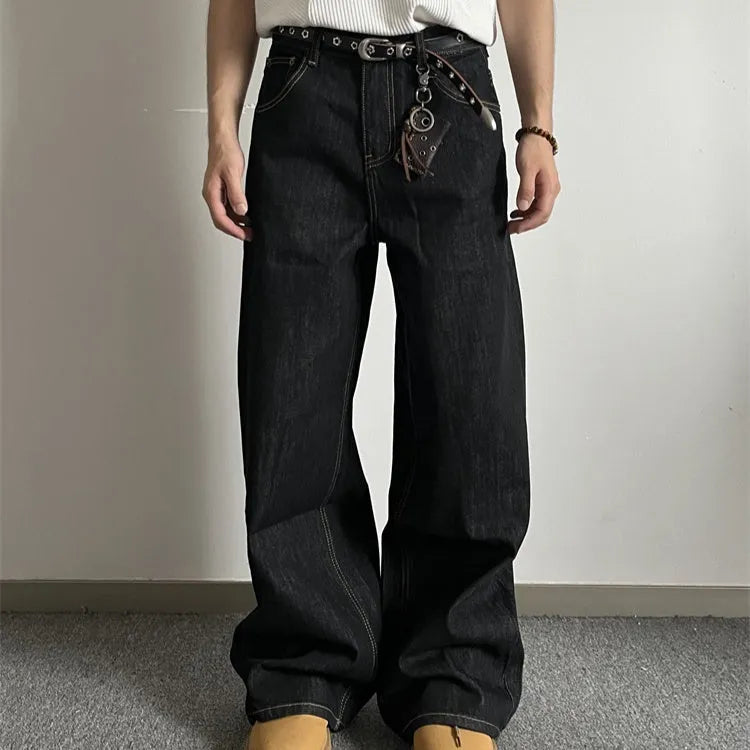 Black straight-leg wide jeans with zip fly and mid-waist design