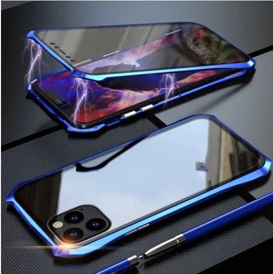 Black metal and glass magnetic protective case for iPhone 11, shown alongside red, blue, and silver colour options.