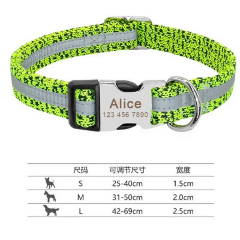 Dog collar shown in black, green, and rose red, labelled with Small, Medium, and Large size tags.