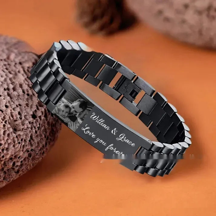 Men's titanium steel lettering bracelet with curved heart shape in black or grey options