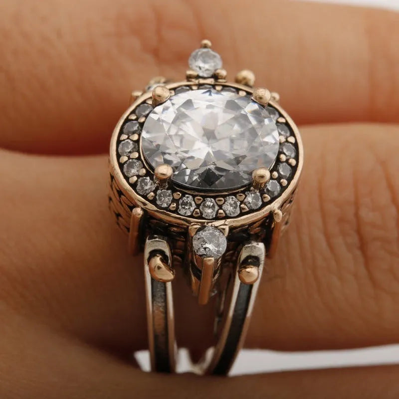 925 Silver Bi-color geometric alloy ring in white finish on white background