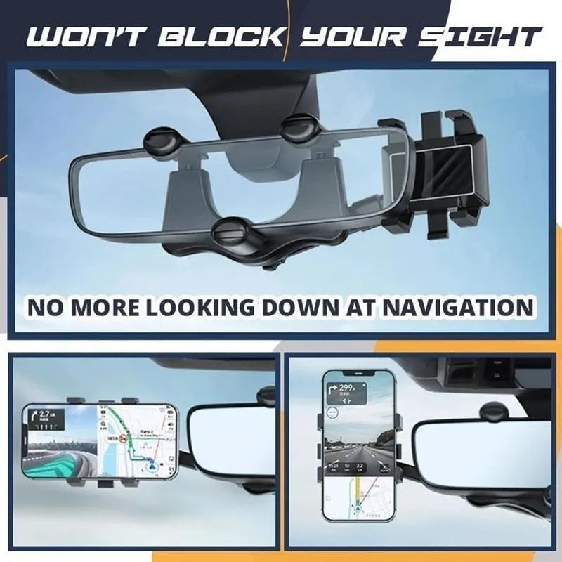 Black rearview mirror car phone holder with rotating head and four gripping claws extended.