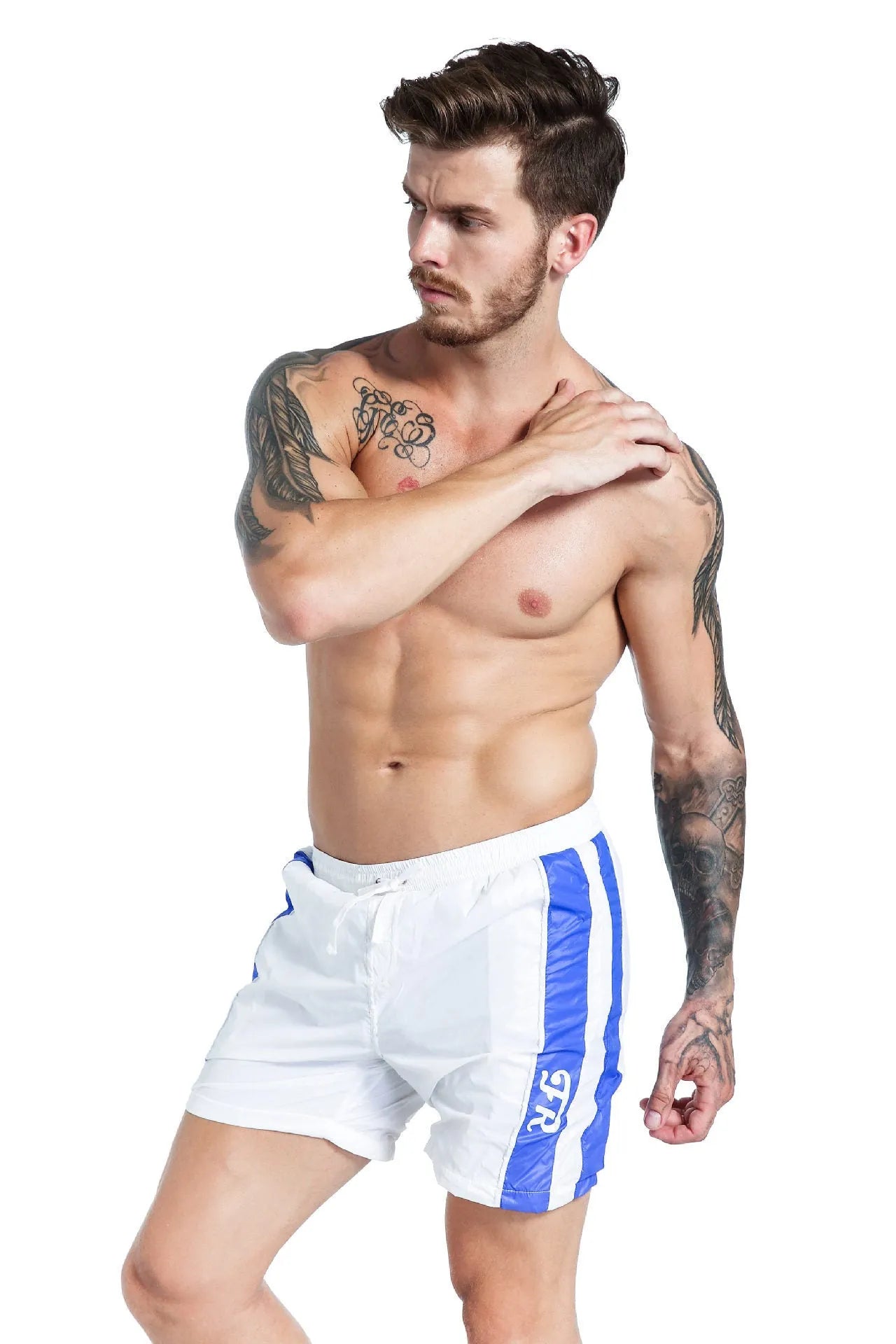 Men's blue lace-up sport shorts with slim fit and padding on a white background.