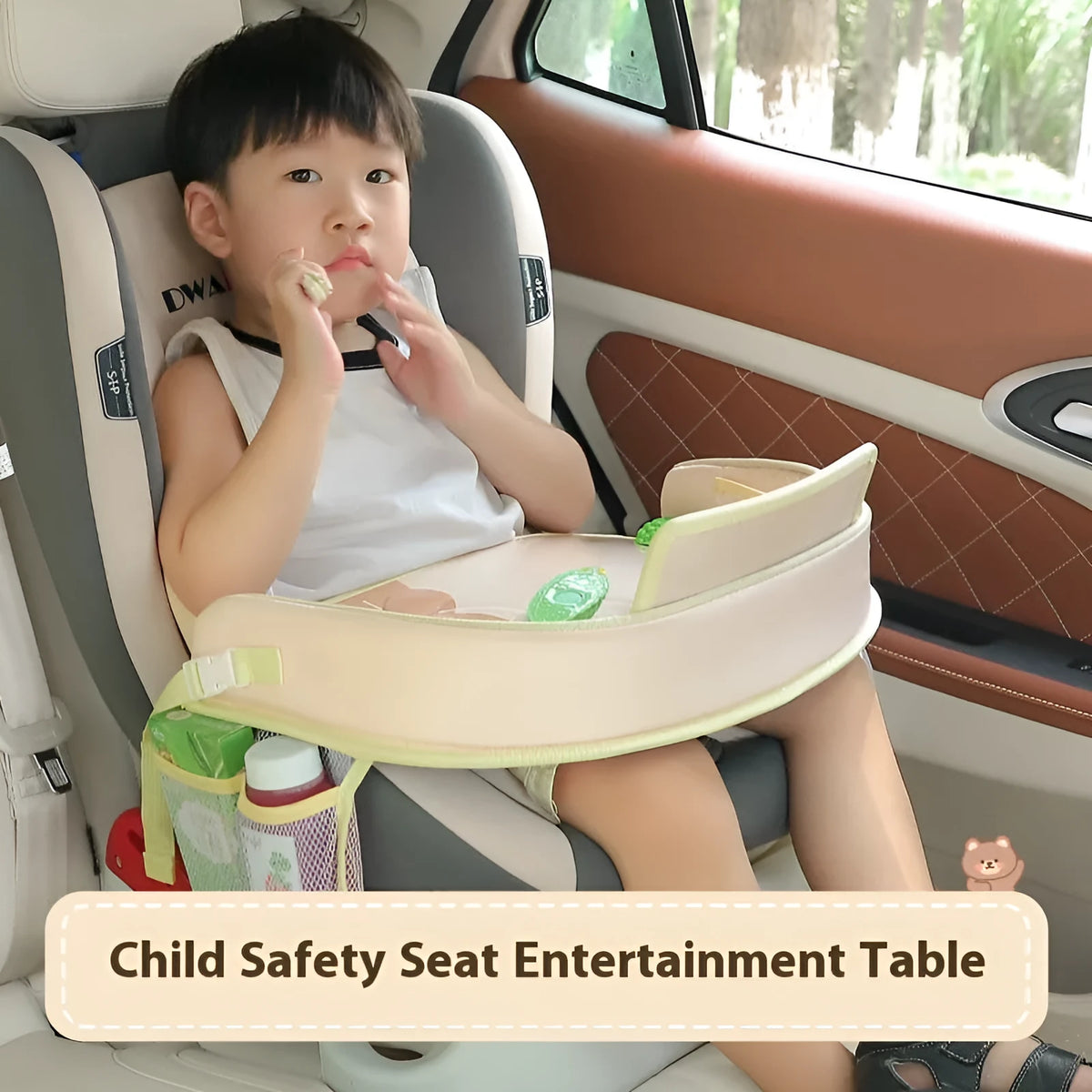 Children's car seat storage tray in Oxford cloth with a waterproof surface, showing Balloon Bear pattern