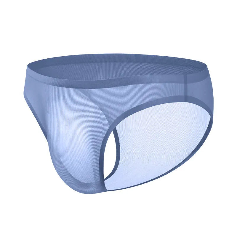 Men's seamless ice silk underwear briefs in a grey and blue stripe pattern, showing low-waist fit.