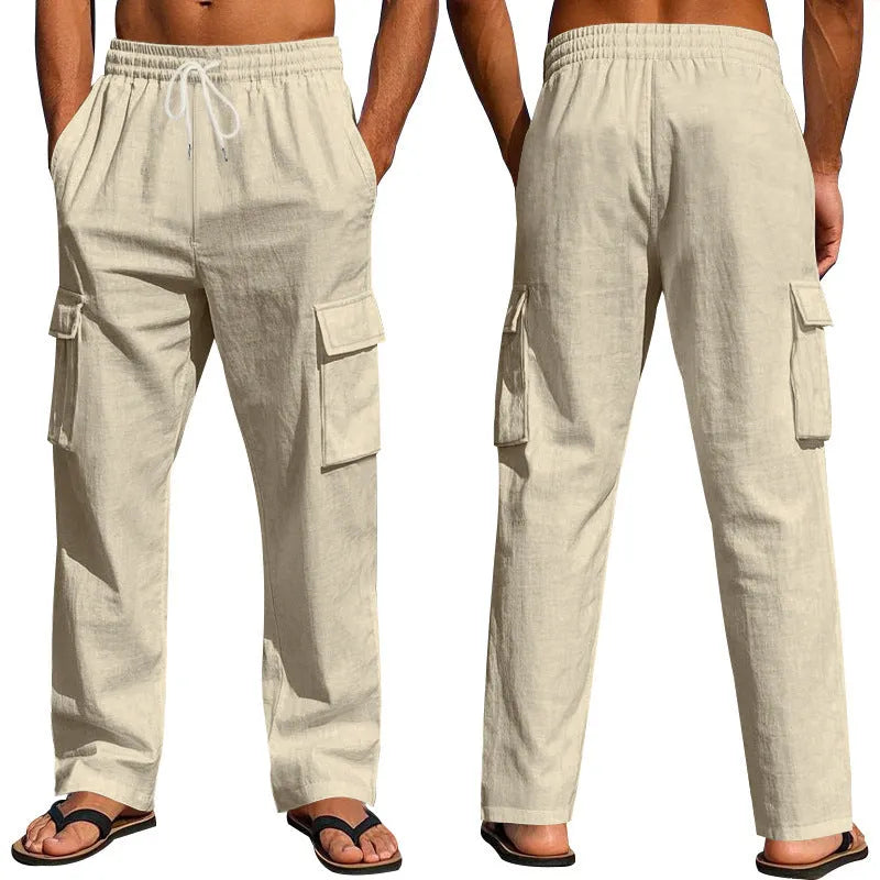 Men's multi-pocket straight linen cargo trousers in khaki, front view with pockets visible.