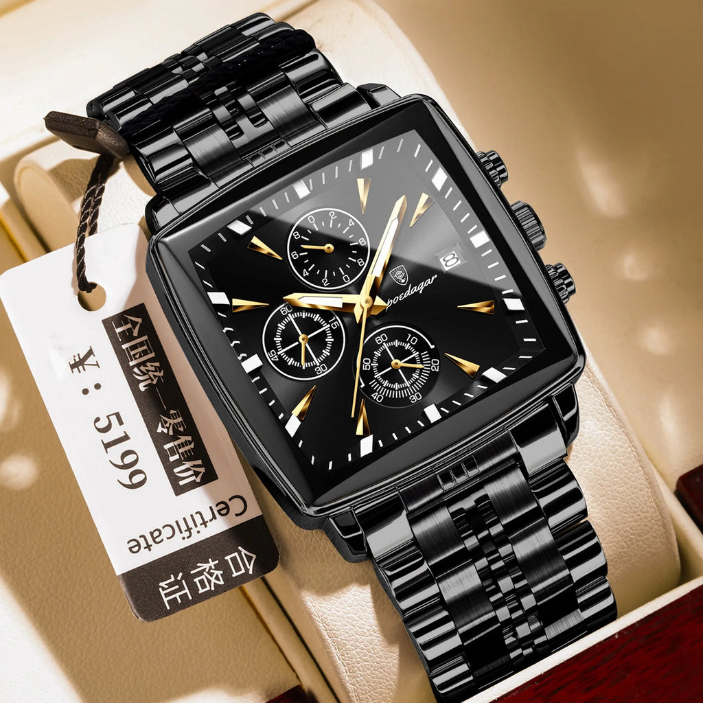 Men's square business quartz watch with stainless steel strap and mineral glass, shown in gold case with blue dial
