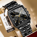 Men's square business quartz watch with stainless steel strap and mineral glass, shown in gold case with blue dial