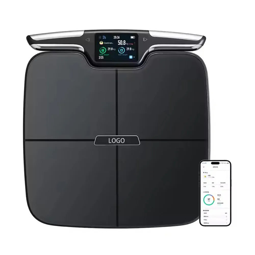 Black eight-electrode body fat intelligent electronic household weighing scale on white background