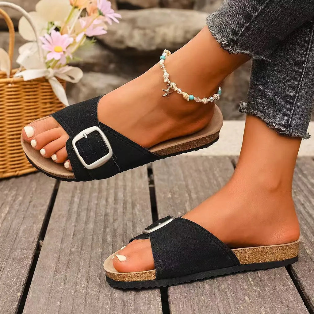 Women's canvas open toe sandals with belt buckle in solid colour, available in black, dark brown, light gray, sizes 35-43