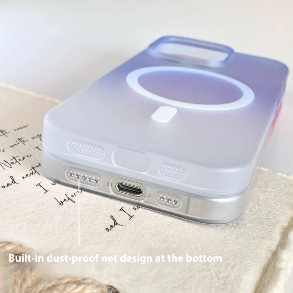 Frosted gradient blue magnetic suction phone case for iPhone, showing ultra-thin PC construction.