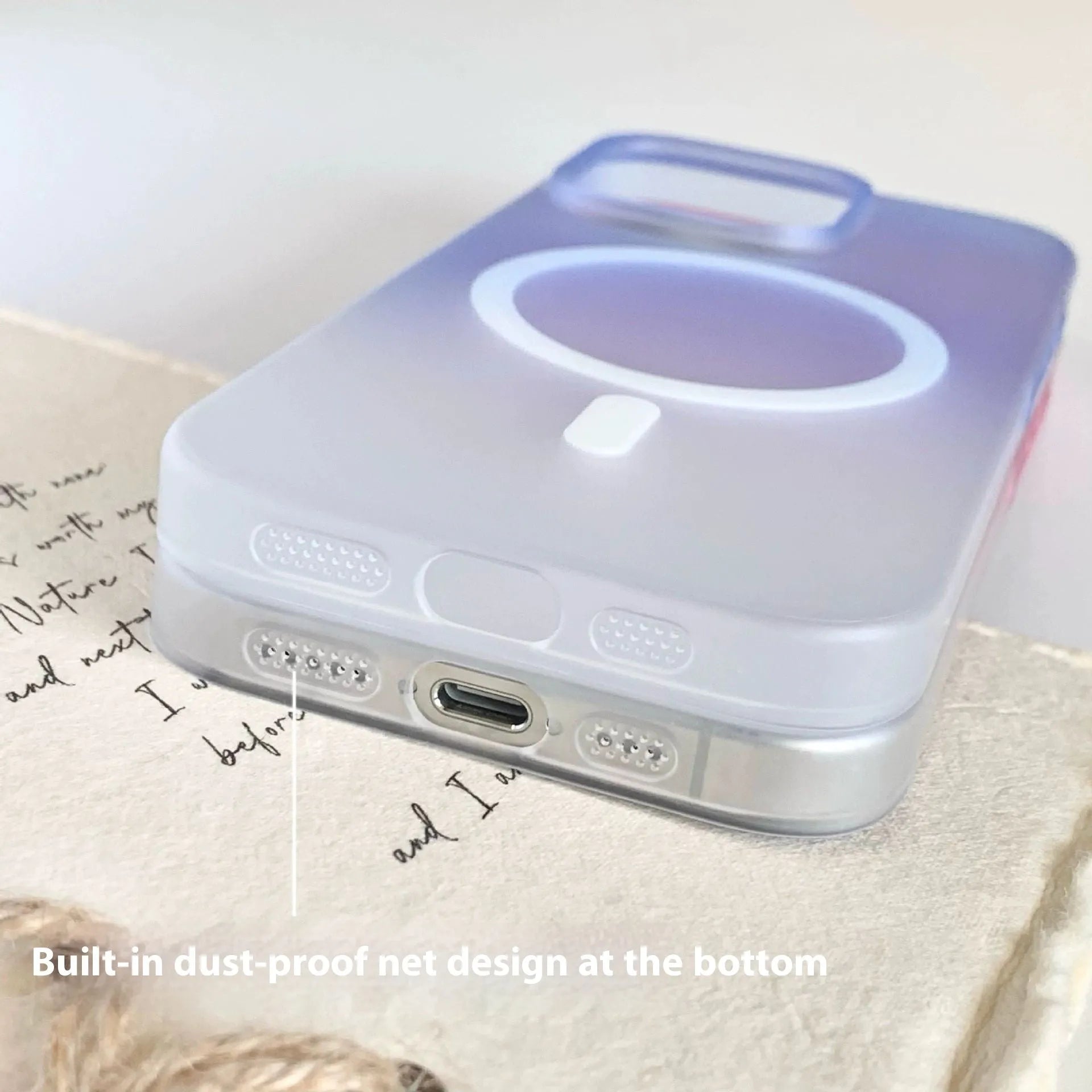 Frosted gradient blue magnetic suction phone case for iPhone, showing ultra-thin PC construction.