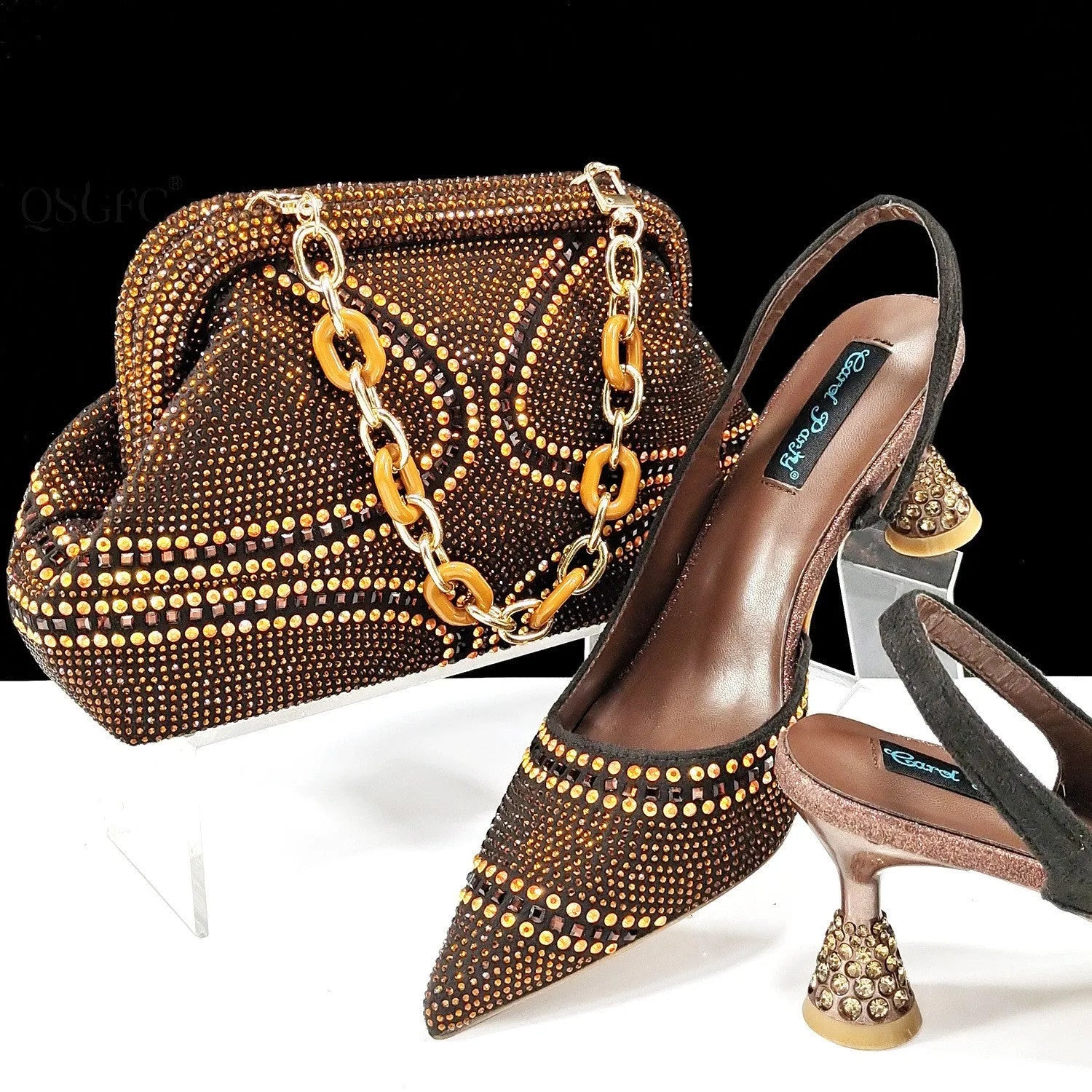 Women's pointed toe high heel shoes and matching bag with rhinestone decoration and wine glass heels