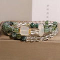 Double circle green grass agate and white agate crystal bracelet with cube sugar cut beads on flexible ring