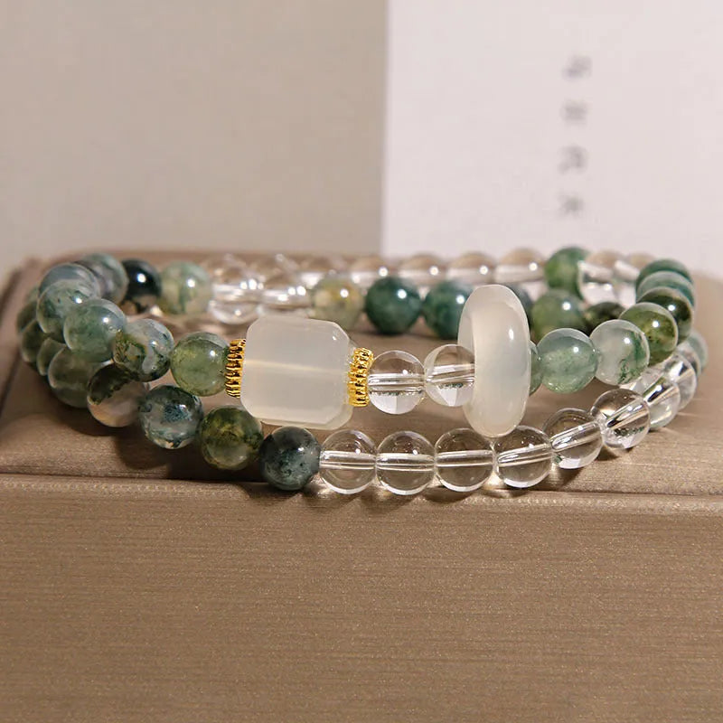 Double circle green grass agate and white agate crystal bracelet with cube sugar cut beads on flexible ring