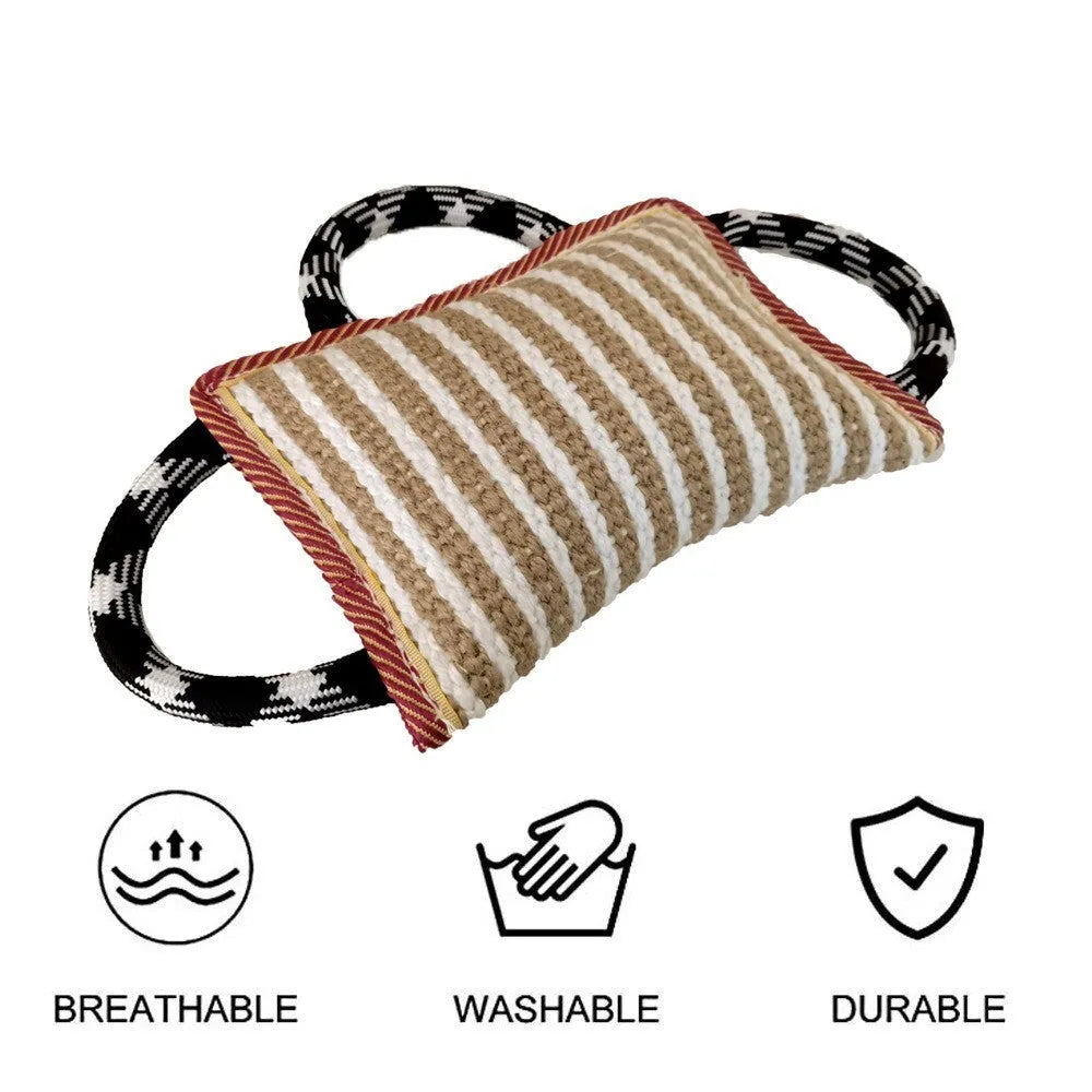 Jute dog tug toy with three rope handles showing 26 cm bite pillow for medium large dogs