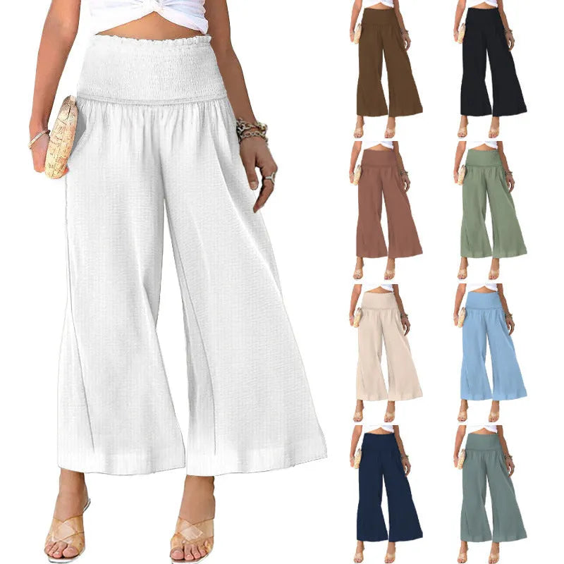 Cotton linen high waist pleating cropped trousers in apricot colour, straight leg casual women's pants