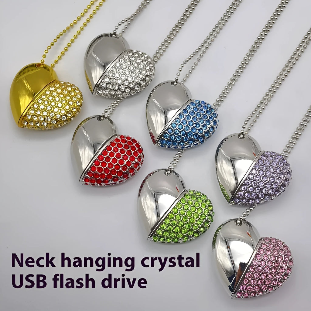 Heart-shaped USB flash drive with brick-inlaid pattern on metal shell, shown in blue colour.
