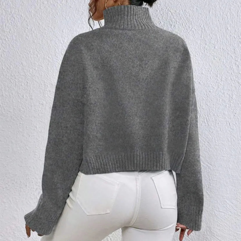 Loose versatile basic pullover for women in grey, round neck, long sleeves, medium thickness