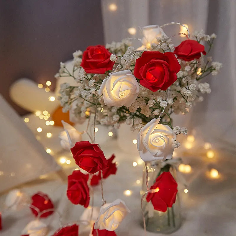 Indoor battery-powered LED rose decorative light string in one of seven colour options