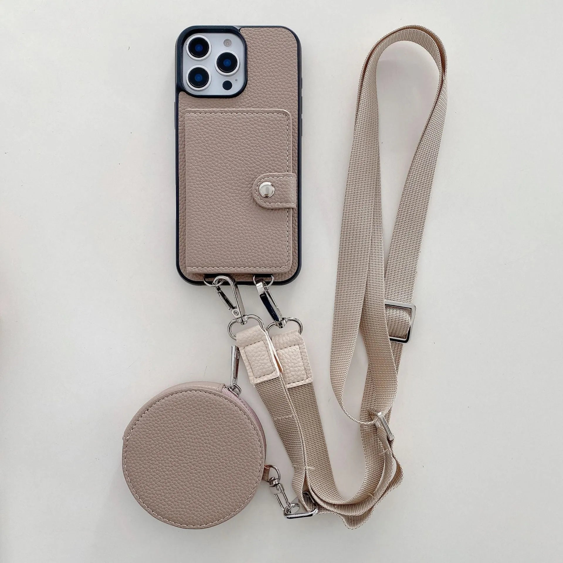 Black PC leather iPhone case with a card slot on the back and a lanyard hole at the corner.