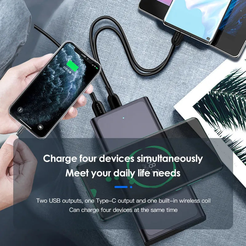 Black and blue 10000mAh power bank with wireless charging and built-in plug