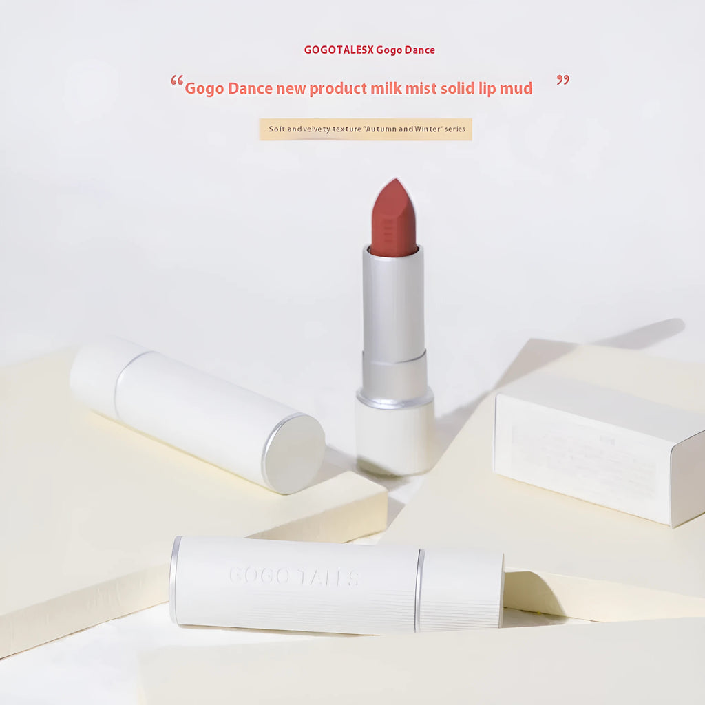 Striped tube vintage velvet matte lipstick in 8 shades including toffee, cocoa brown, and Morocco red brown.