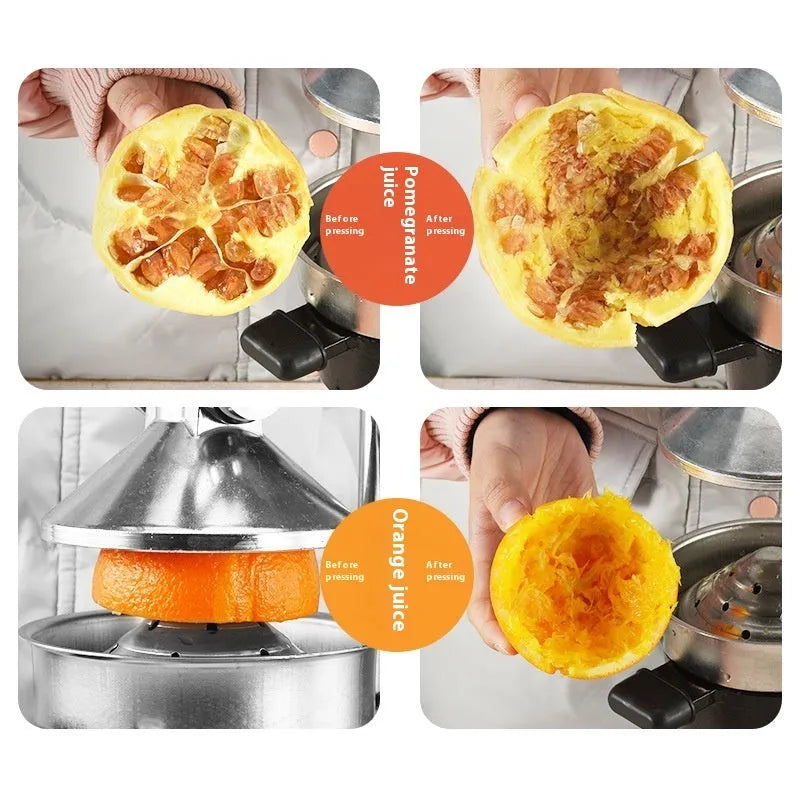 Black manual cast iron citrus juicer with stainless steel funnel on a kitchen counter.