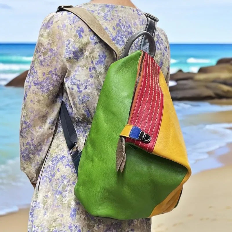 European and American style women's genuine leather backpack with anti-theft lock, colour contrast stitching, and three-dimensional pocket