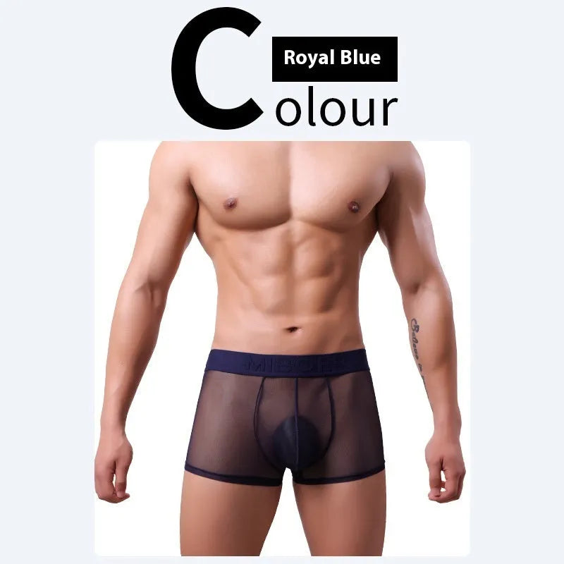 Men's thin invisible boxer shorts in quick-drying polyester fabric on a colour swatch showing black, white, blue, green, pink, and beige.