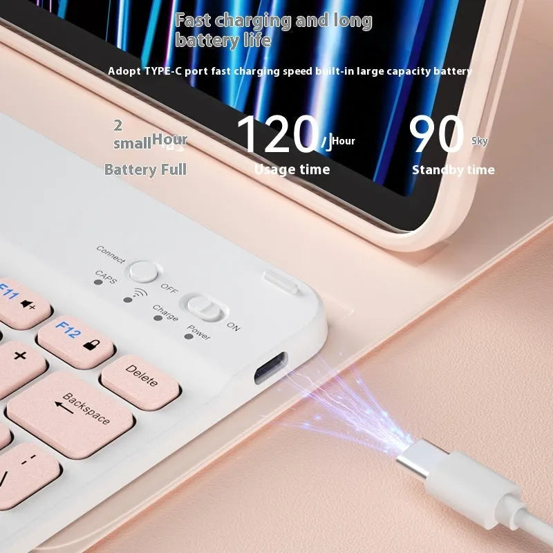 Bluetooth keyboard for tablet in ABS plastic, showing colour options including white, green, and pink.