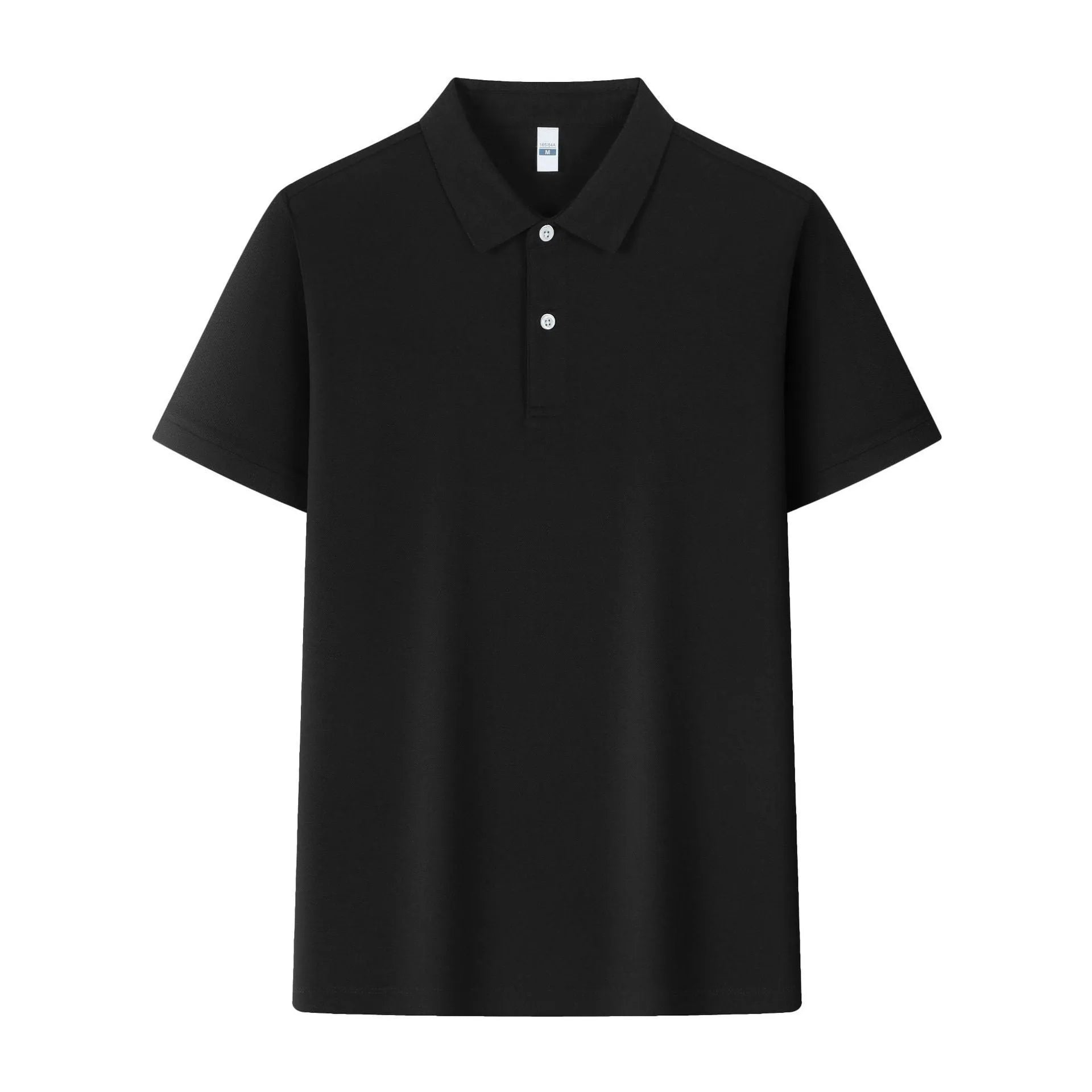 Man's light blue ice silk polo shirt with a lapel collar on a hanger.