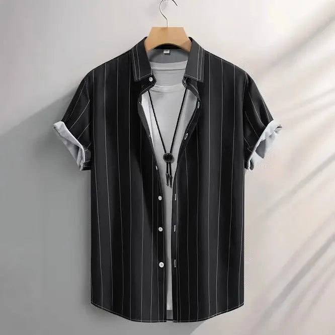 Men's striped summer shirt with stand collar and short sleeves in loose cardigan style