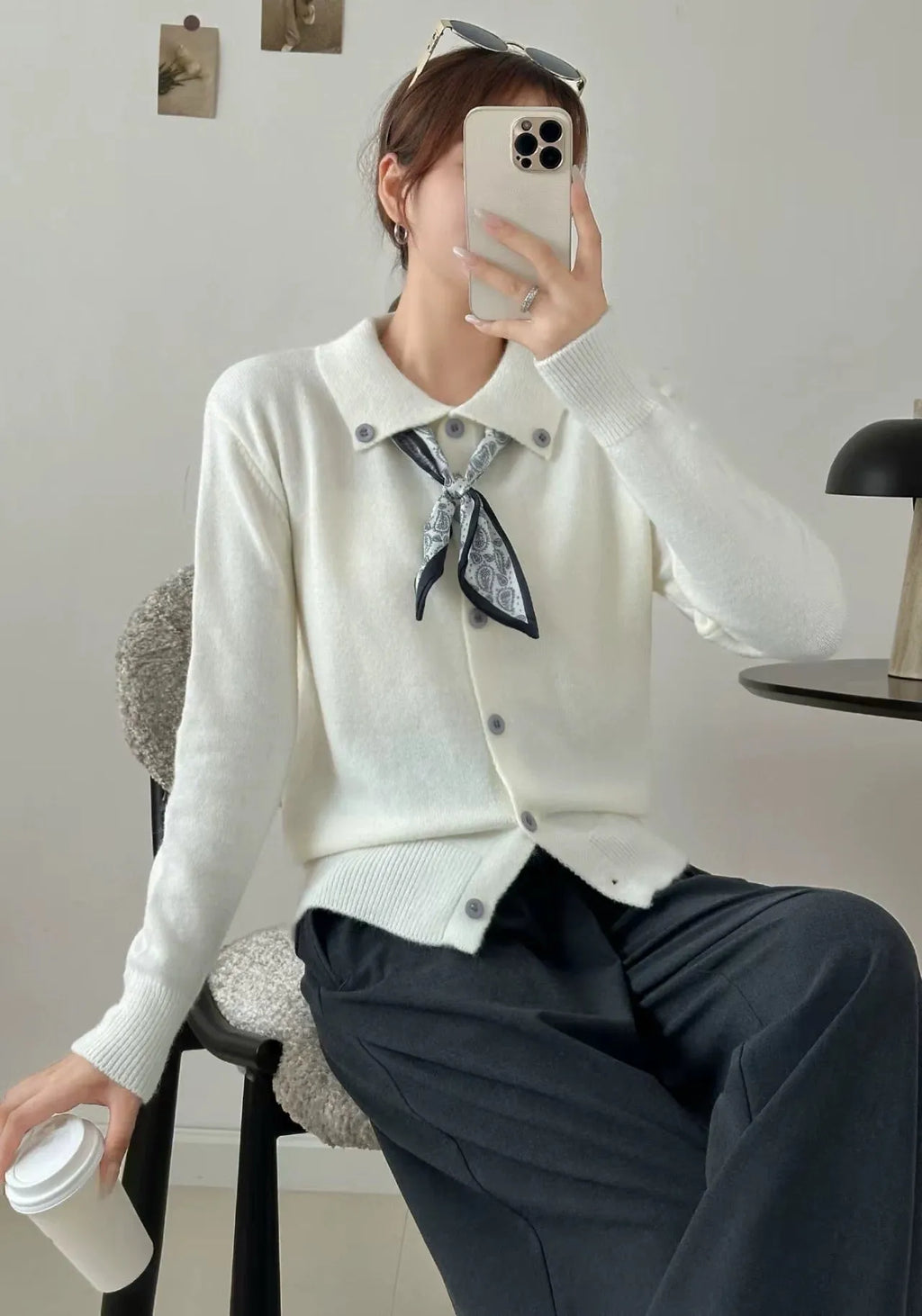 Lazy Fashion lapel scarf sweater in milky white with spliced detailing, free size cardigan style