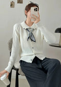 Lazy Fashion lapel scarf sweater in milky white with spliced detailing, free size cardigan style