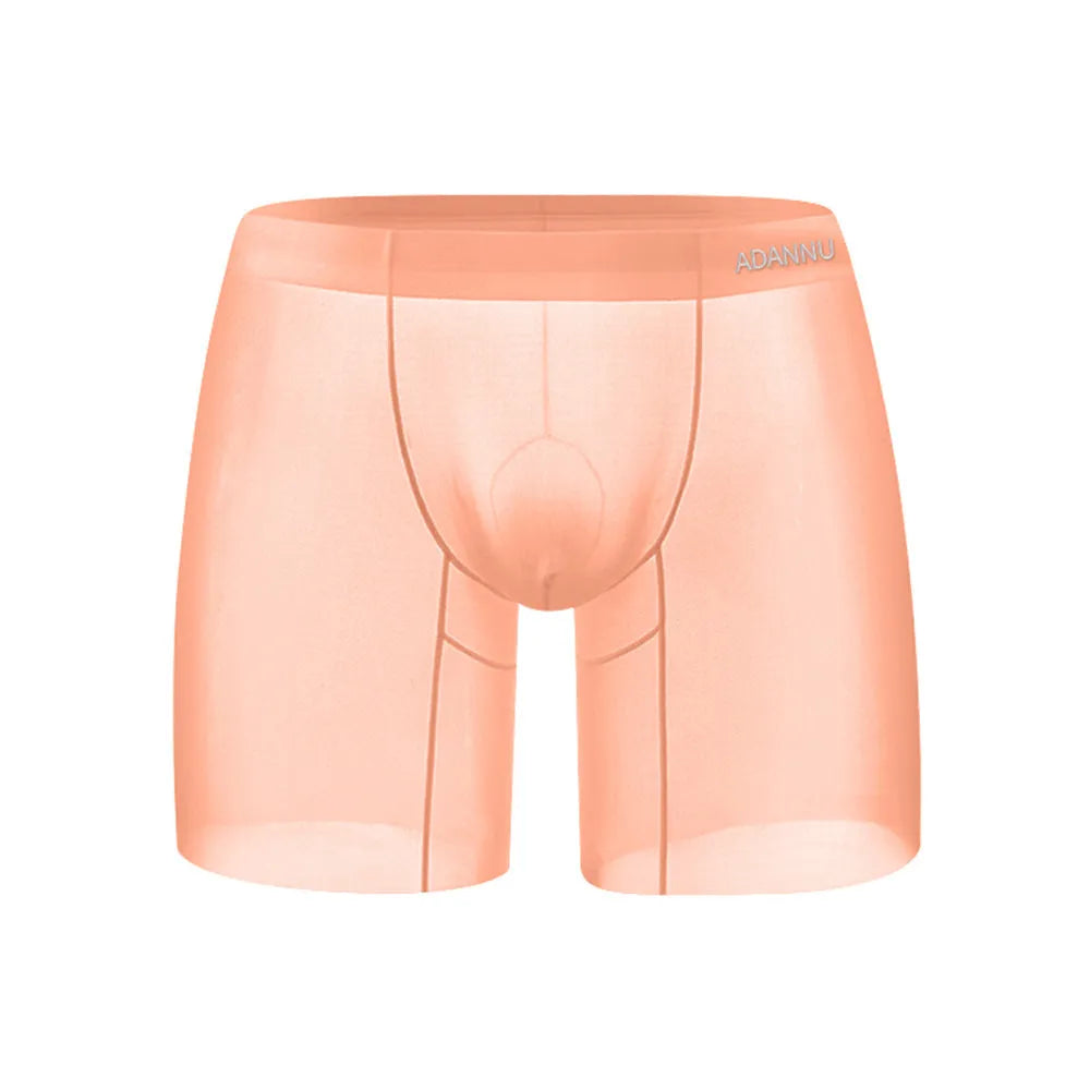Seamless men's low-waist sports boxer shorts in orange nylon fabric, showing hip-lift design.