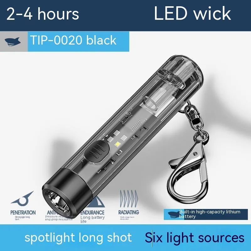 Black portable outdoor flashlight with USB charging port and compact plastic design