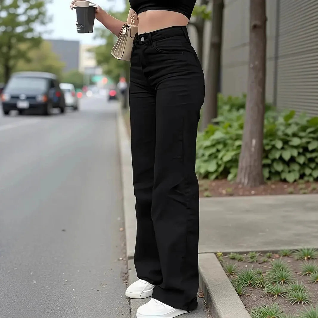 Black straight stretch casual trousers in cotton denim with high waist and straight leg