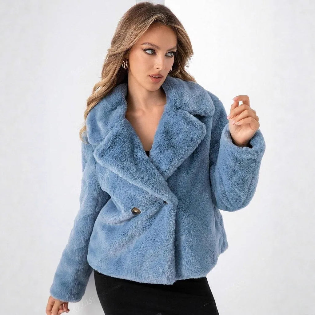 Women's loose-fit short coat in rose red faux fur with regular sleeves and fresh sweet style.