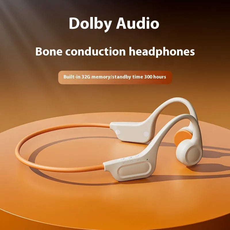 Bone conduction Bluetooth headset with non in-ear ear hook, 32G memory option, ABS body, black or beige colour