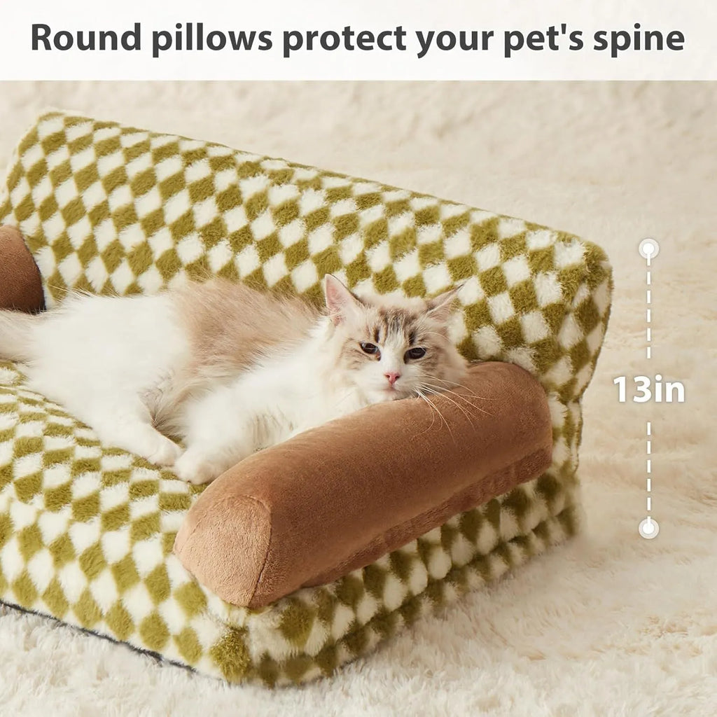 Grey checkered washable pet couch bed for small cat or dog on a wooden floor.